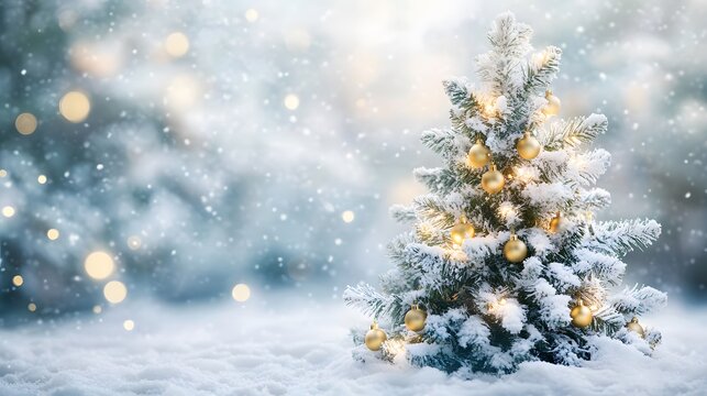 A front view of a snow-dusted Christmas tree decorated with golden baubles and shining softly against a snowy backdrop