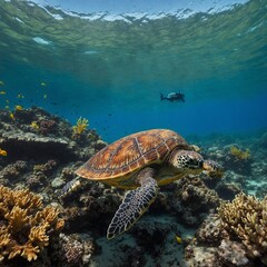 Obraz premium A vibrant reef scene with a sea turtle swimming gracefully among coral.