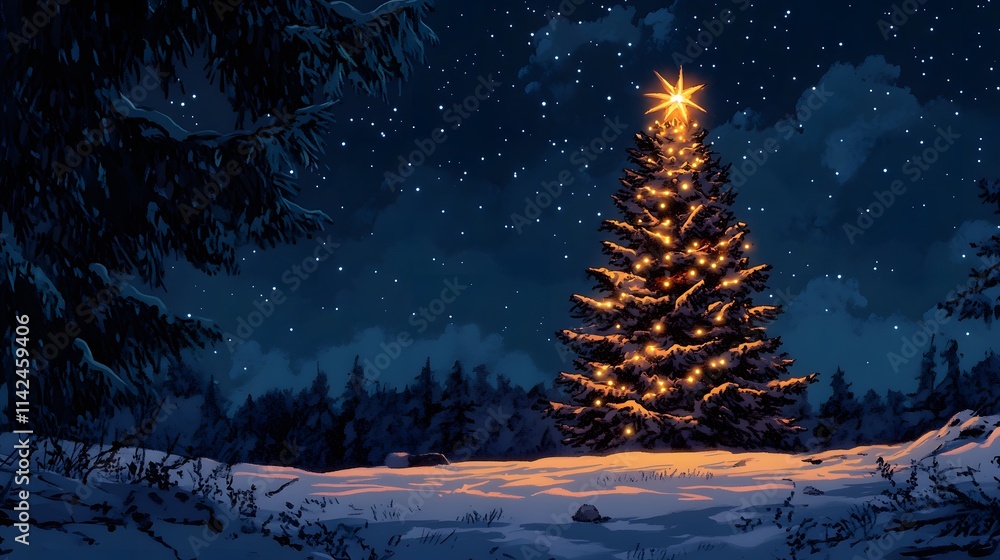 Aufkleber a front view of a tall christmas tree glowing brightly under a starlit sky, with snow reflecting its