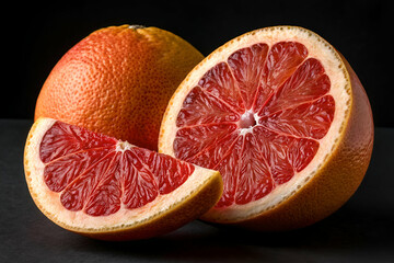 A vibrant grapefruit cut, revealing its juicy red interior, sits next to a whole grapefruit against a dark backdrop.