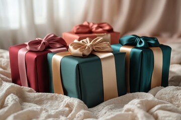 Three beautifully wrapped Christmas gifts are placed on a cozy bed adorned with a soft white sheet, adding a festive touch to the room.