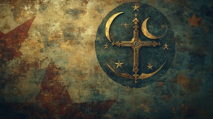 Ornate cross and crescent moons on a textured, aged background.