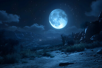 Desert night scene, full moon over mountains, starry sky, path, landscape design.