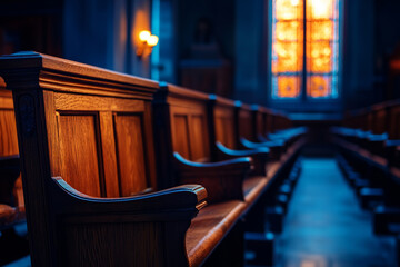 Wooden church pews bathed in sunlight from colorful stained glass, creating a serene and spiritual atmosphere.