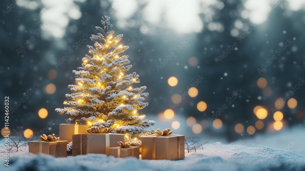 Poster A front view of a snow-dusted Christmas tree glowing with soft golden light, surrounded by neatly stacked holiday presents