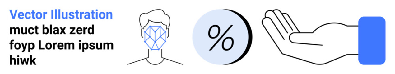 Obraz premium Facial recognition icon, percentage symbol, and open hand with blue square. Ideal for business analytics, technology, finance, security, marketing, healthcare, education. Landing page