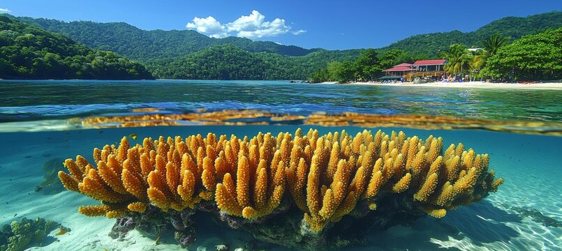 Beautifiul underwater colorful coral reef at Caribbean Sea at Honeymoon Beach on St. Thomas,Roatan in Honduras , isolated on white background,  , copy space, copy space for text,