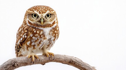 Naklejka premium Close-Up of a Brown Spotted Owl Sitting on a Branch with a Captivating Gaze Against a Soft White Background