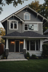 Obraz premium Two-Story Gray House with Front Porch and Landscaping