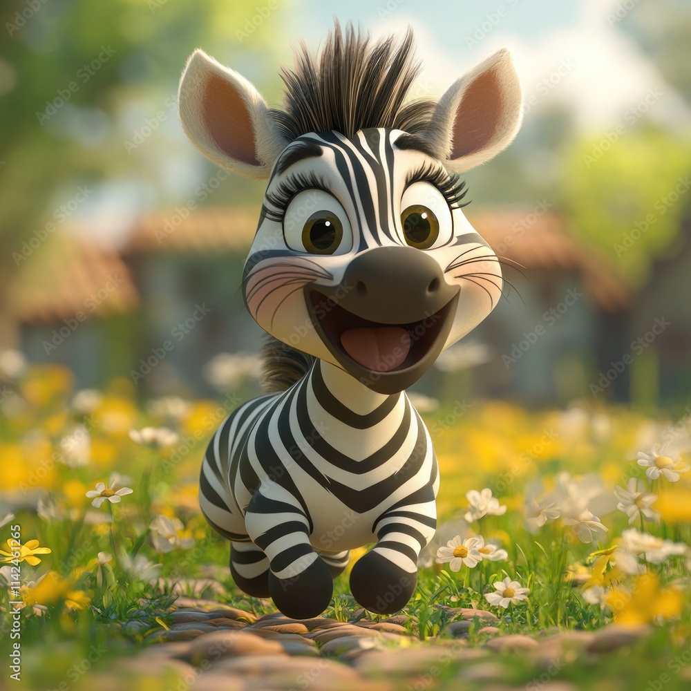 Poster a cheerful animated zebra running through a colorful flower-filled meadow.