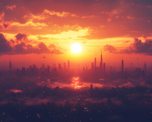 Fiery Sunset Over Cityscape, Foggy Skyline, Birds Flying, Urban Sunrise, Travel Poster.