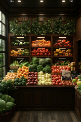 Fresh Produce Market Display Abundant Vegetables & Fruits, Wooden Shelves, Green Background, Food Advertising.