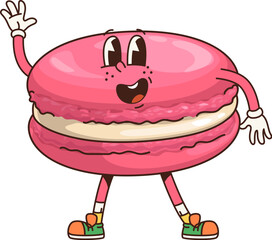 Retro groovy macaroon character. Cartoon vector pink sweet macaron dessert personage waving hand. Isolated vector cheerful confectionery for kids cafe menu. Cute french pastry bakery or patisserie