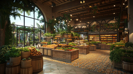 vibrant farmers market with fresh produce and lush greenery