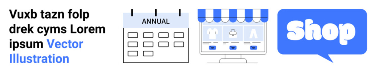 Event calendar and schedule panel with annual label, shop storefront with products display, and blue shop message icon text. Ideal for e-commerce, event management, business planning, marketing
