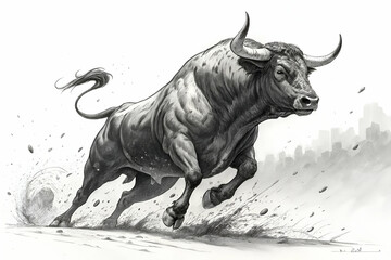 A powerful bull charges forward, showcasing strength and energy, depicted in a dynamic black-and-white illustration against a blurred background.
