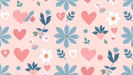 Cute Seamless Soft Pink Pattern with Hearts and Flowers: Romantic Valentine's Day Background for Love Themes