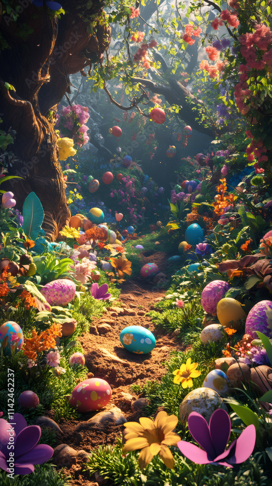 Poster colorful easter eggs are scattered along a path in a whimsical, sunlit forest filled with flowers an