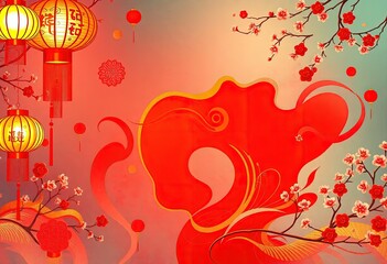 Chinese New Year Perfect Background - Chinese New Year Greeting Card - New Design - Lanterns - Elements of Chinese tradition - Colors of Chinese culture - Flowers - Perfect Any Project