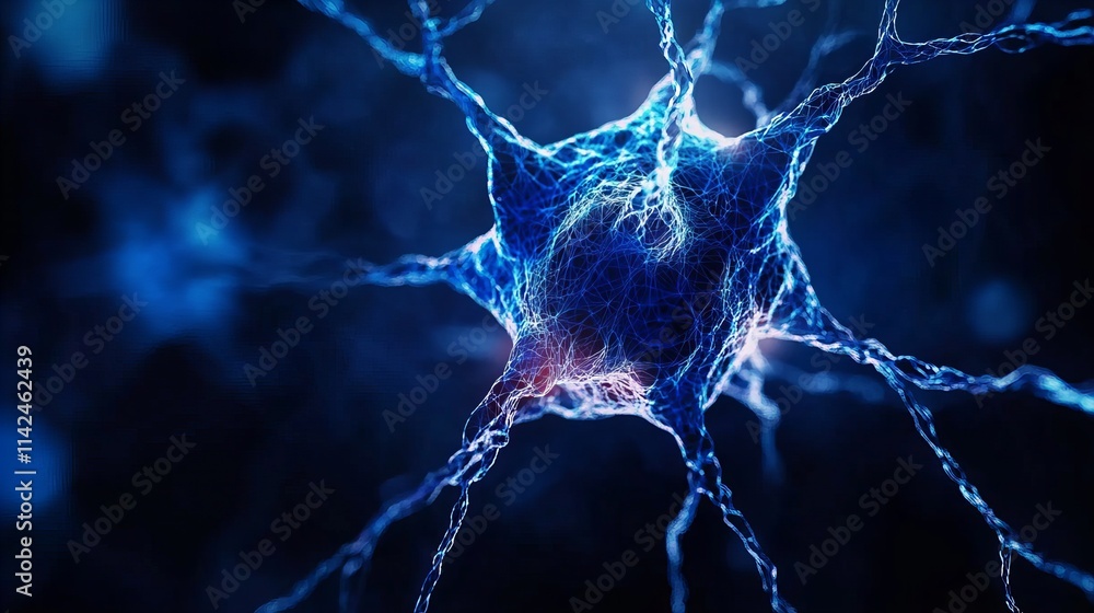 Poster microscopic view of a neuron, a nerve cell in the nervous system. intricate network of dendrites and