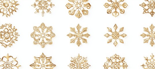 Elegant Gold Snowflakes on White Background in Rows and Columns for Festive Decorative Designs