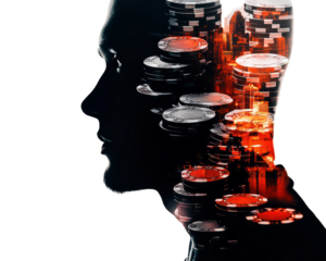 Silhouette of a man with an overlay of casino chips, isolated on white background.