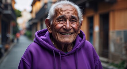 Fototapeta premium Hispanic elderly man happy wearing purple hoodie looking on camera