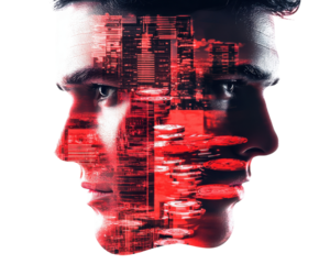 Double exposure portrait with urban structures and human faces, creative artistic concept.