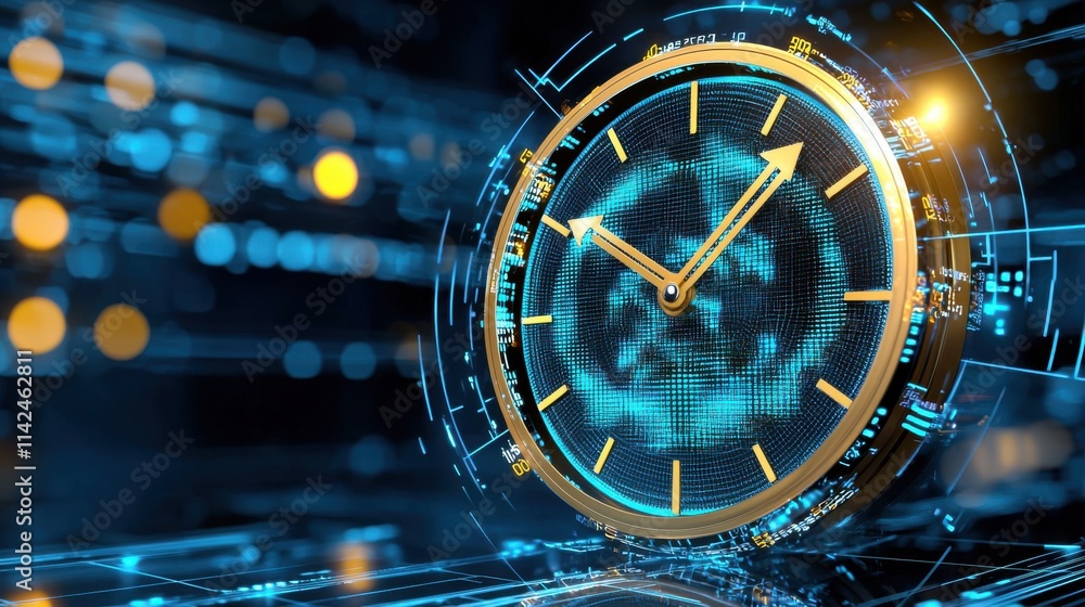Poster futuristic digital clock with global connectivity and data analytics