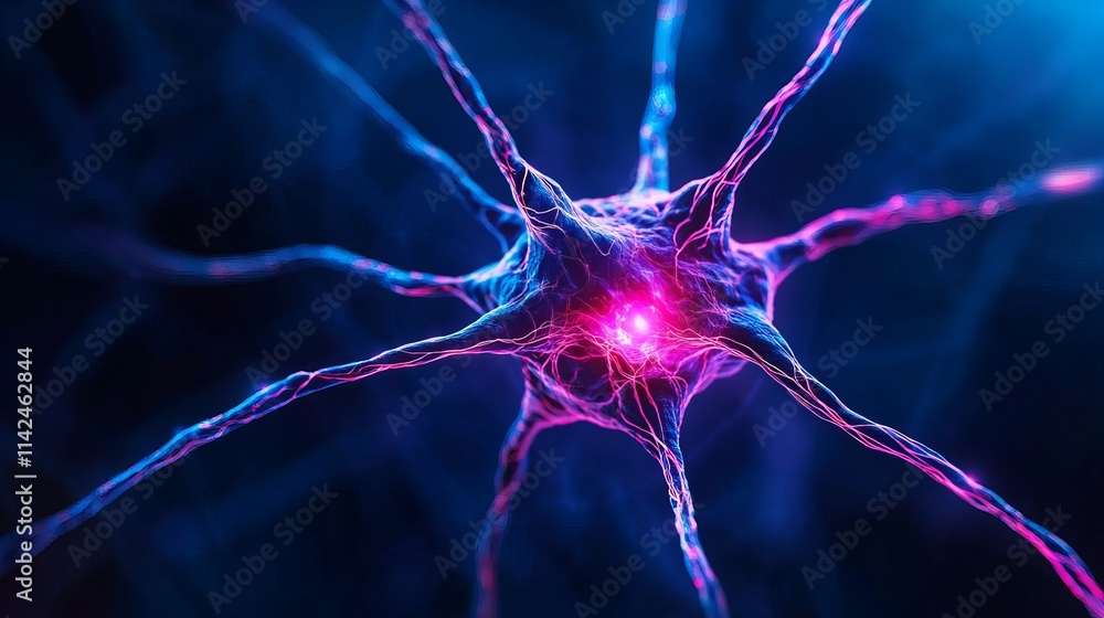 Poster close-up view of a neuron, a nerve cell in the nervous system. glowing pink and blue hues highlight 