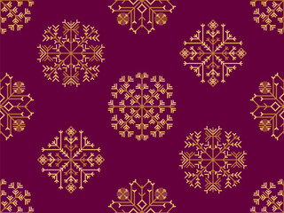 Snowflakes seamless pattern. Winter background with geometric snowflakes of different shapes. Christmas and New Year design for wrapper, banner and poster. Vector illustration
