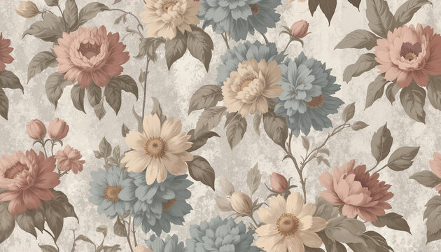 Vintage floral wallpaper design featuring large peonies and daisies in soft pastel colors