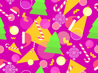 Christmas seamless pattern with geometric shapes in 80s style. Christmas balls, fir trees, lollipops and snowflakes with geometric shapes. Design for banners, wrappers and covers. Vector illustration