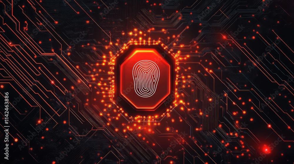 Poster a biometric microchip design with glowing pathways and a central fingerprint emblem, representing ad