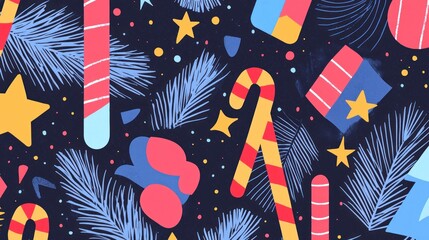 A playful geometric Christmas pattern with fun elements like candy canes and stars, ideal for children's products