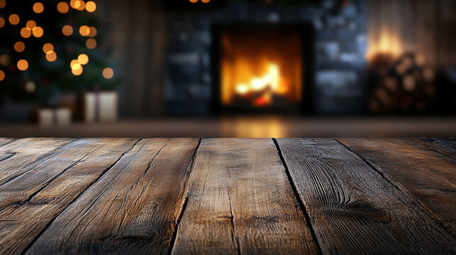 A warm, inviting scene featuring a rustic wooden tabletop with a blurred fireplace and festive decorations in the background, perfect for holiday gatherings and seasonal warmth.