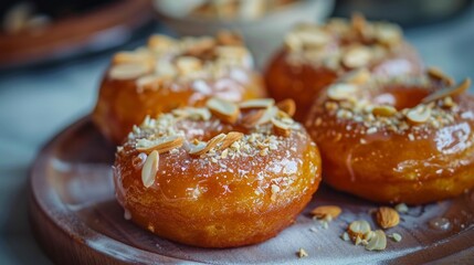 golden donuts coated in glossy chocolate glaze and sprinkled with toasted almond flakes,