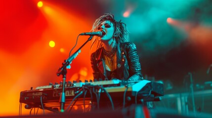 Portrait of a rock, goth, new wave female Keyboardist: A dynamic shot of a female in leather attire, playing an electronic keyboard on stage and singing with intense energy.