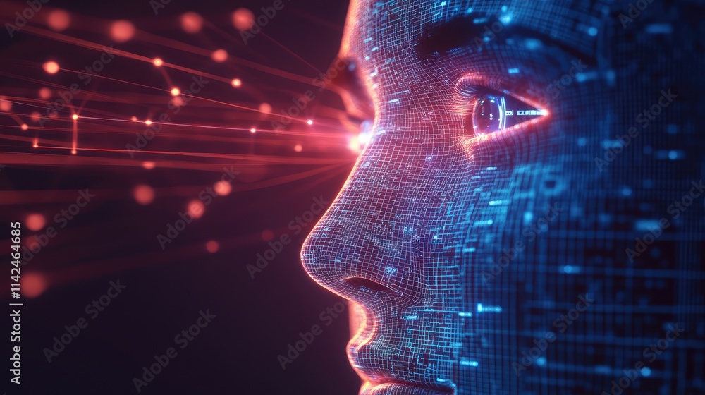 Poster a biometric microchip glowing softly with holographic facial recognition patterns projected above, e
