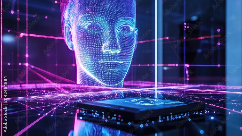 Poster a biometric microchip on a reflective platform, with holographic displays of facial recognition data
