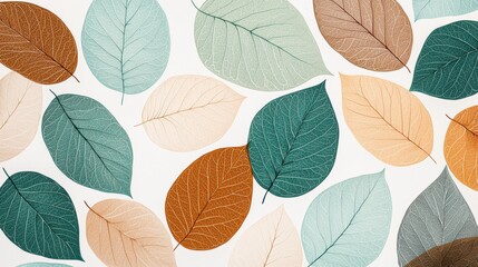 Fototapeta premium A vibrant pattern of various leaves in shades of green, brown, and beige, creating a natural and artistic design.