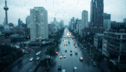 Stormy urban weather, wet pavement in rain, raindrops falling, city rainstorm