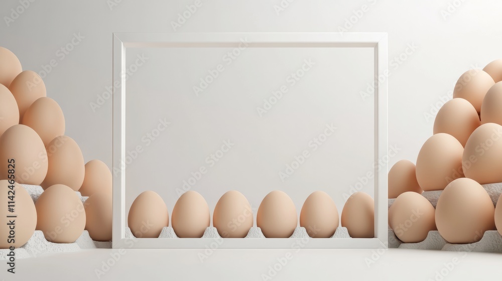 Poster a 3d render of eggs lined neatly in rows on a tiered stall with a minimal white frame and empty spac