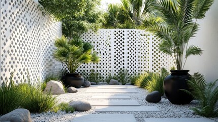 Sunlit minimalist garden path with white patterned walls, potted plants, and rocks.