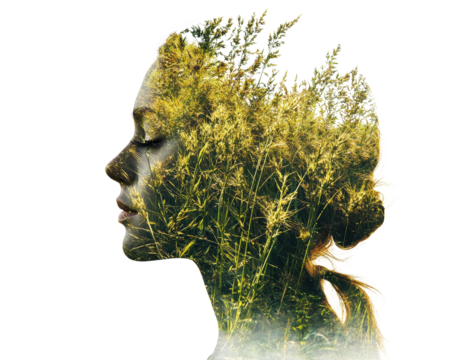 Profile silhouette of a woman with a floral double exposure effect.
