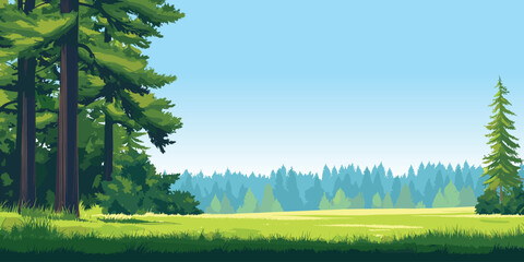 Woodland edge of wild forest with big green trees, summer sunny day nature vector illustration panorama background