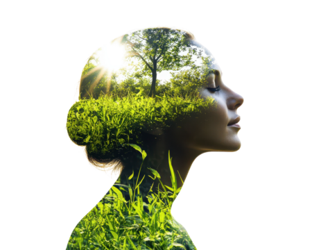 Profile of a woman with a landscape of trees and grass in her hair, white isolate background. - Powered by Adobe