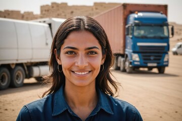 Close portrait of a smiling young Egyptian female truckdriver looking at the camera, against Egyptian blurred background.