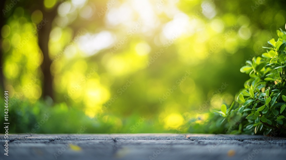 Aufkleber stone surface with blurred green foliage and sunlight creating relaxing atmosphere