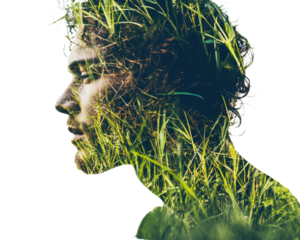 Profile of a man with grass overlay representing nature and tranquility.